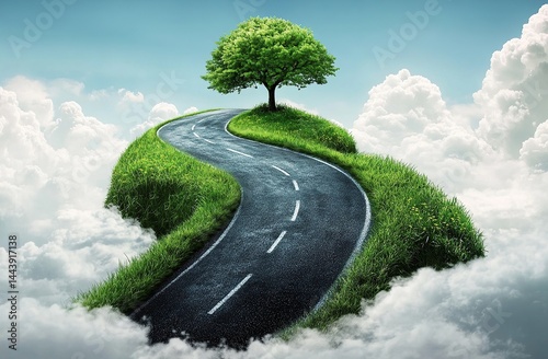 A road that curves upwards and then flows into the sky, with grass on both sides of it