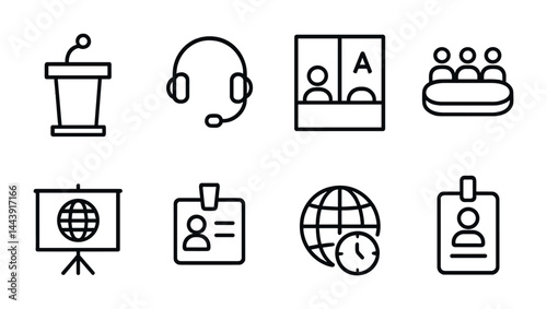 Conference and meeting outline icons set – line style professional event, networking, and communication symbols: podium, headset, translation booth, audience, id badge, projector, globe, clock.