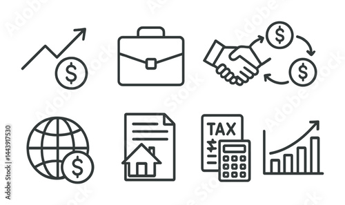 Finance and business outline icon set – linear style economic growth, investment, and money management symbols: chart, briefcase, handshake, currency, globe, document.