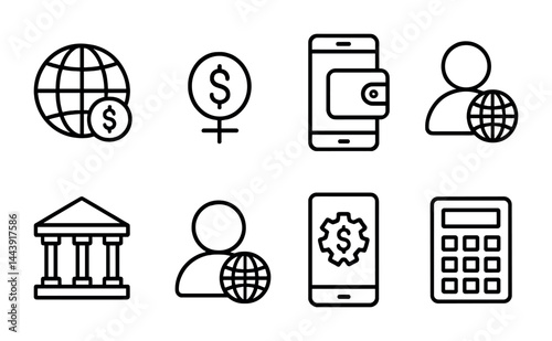 Finance and business icon set – outline style money management, banking, and global economy symbols: globe, dollar sign, mobile wallet, user, bank, calculator