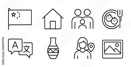 Cultural heritage and family icons – outline style symbols for tradition, home, and community: flag, house, family, food, speech, vase, person, picture.