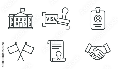 Government and administration line icons set – linear style bureaucracy, authority, and civic symbols: building, visa stamp, id badge, flags, certificate, handshake.