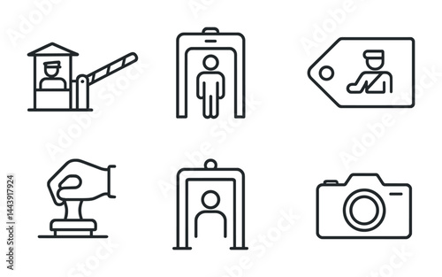 Airport security line icons set – outline style travel, safety, and control symbols for airport procedures: checkpoint, scanner, id badge, stamp, camera
