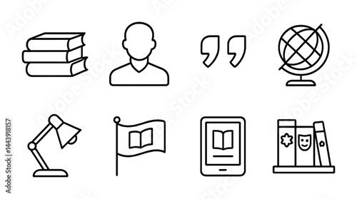 Education and learning outline icons set – flat style academic, study, and knowledge symbols for educational resources: books, student, quotation marks, globe, lamp, flag, tablet, bookshelf.