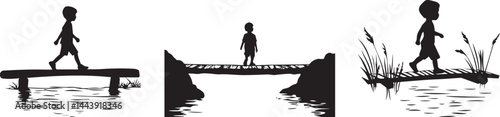 Silhouette Child Walking on Bridge Over Water Adventure Vector Icon Set
