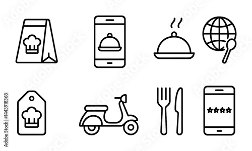 Gourmet food delivery icon set – outline style for culinary, restaurant apps, and online dining: menu, smartphone, dish, globe, label, scooter, cutlery, rating.