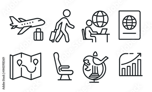 Business and travel outline icon set - linear style corporate, workflow, and logistics symbols for global operations: airplane, passport, suitcase, map, globe, graph, office.