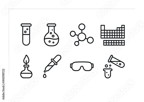 Chemistry and science outline icons set – linear style laboratory, experiment, and research symbols for educational projects: test tube, flask, molecule, periodic table, burner, pipette, goggles,