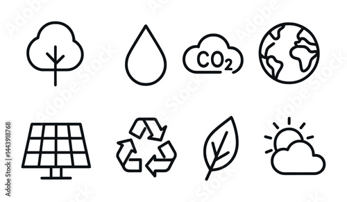 Eco-friendly energy icons collection – line style sustainability, environment, and green tech symbols: tree, water drop, co2 cloud, globe, solar panel, recycle, leaf, sun