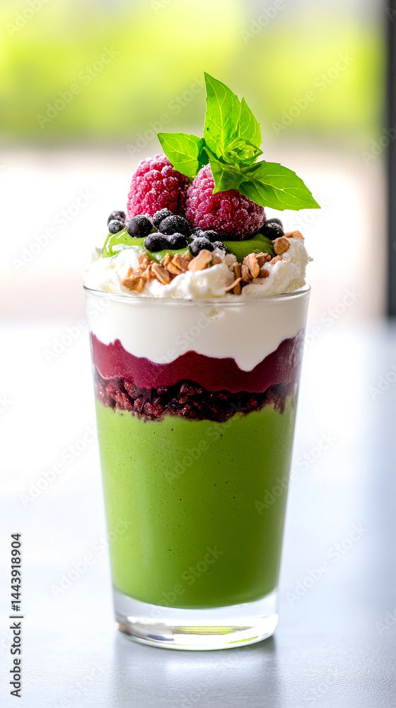 A colorful parfait glass with green matcha, raspberry layers, whipped cream, granola, berries, and mint leaves. A colorful parfait glass with green matcha, raspberry layers, whipped cream, granola, berries, and mint leaves.
