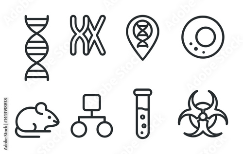 Genetics and biology icon set - outline style symbols for dna analysis, research, and science tools: dna helix, chromosomes, dna location, petri dish, mouse, pedigree chart, test tube, biohazard