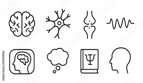 Mental health and psychology outline icons set – linear style psychiatry, neuroscience, and therapy symbols: brain, neuron, joint, waveform, psychology book, thinking bubble.