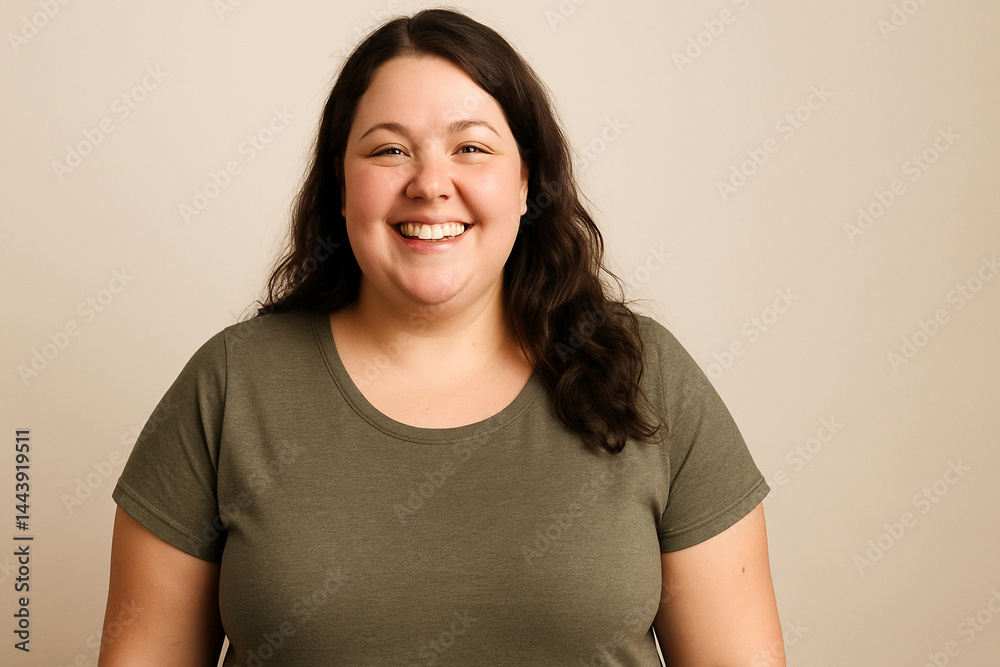Fototapeta premium Smiling plus-size woman in green t-shirt against beige background