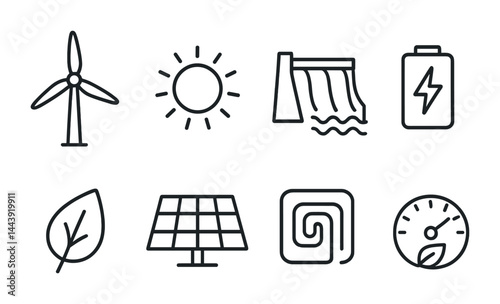 Renewable energy line icons set – outline style for sustainability, eco-friendly initiatives, and green technology: wind turbine, solar panel, hydroelectric dam, battery, leaf, sun, geothermal, gauge