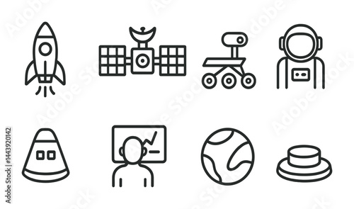 Space exploration outline icons – linear style for astronomy, science, and technology: rocket, satellite, rover, astronaut, capsule, analyst, planet, button