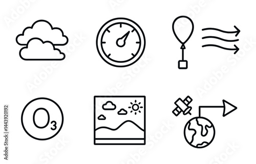 Weather and climate linear icons set – outline style atmospheric, environmental, and forecast symbols for weather prediction: clouds, thermometer, balloon, wind, ozone, satellite.