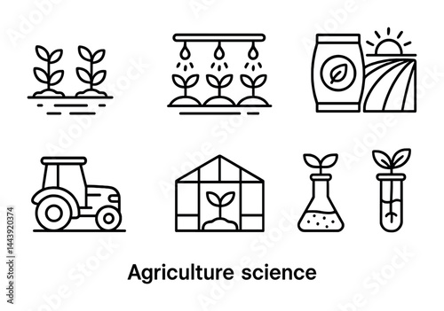 Agriculture science outline icons set – linear style farming, eco-friendly, and sustainable design symbols: plants, irrigation, fertilizer, tractor, greenhouse, lab tube.