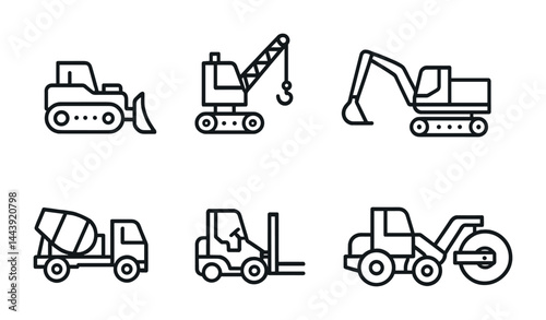 Construction equipment outline icon set – line style machinery, engineering, and tool symbols for industrial projects: bulldozer, crane, excavator, cement mixer, forklift, steamroller