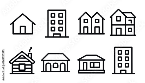 Home architecture outline icons set – linear style for real estate, construction, and urban development: house, apartment, cabin, villa, townhouse, skyscraper, bungalow, condo.