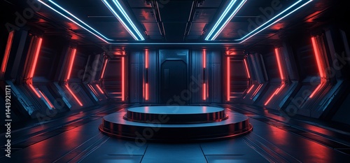 Fototapeta Naklejka Na Ścianę i Meble -  A dark blue and black background with futuristic neon lighting, a round podium in the center of an empty room, a sci-fi, futuristic interior design, vector illustration, 3D rendering, digital art, 
