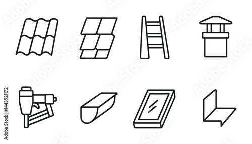 Construction and roofing outline icons set – linear style tools and building materials symbols for home renovation: roof tiles, solar panels, ladder, chimney, nail gun, gutter, window, bracket.