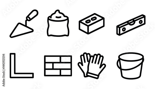 Construction tools outline icons set – linear style for architecture, building, and renovation projects: trowel, cement bag, brick, spirit level, angle, brick wall, gloves, bucket.