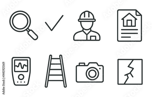 Home inspection outline icon set - linear style real estate, safety, and maintenance symbols: magnifying glass, checklist, inspector, report, meter, ladder, camera, crack.