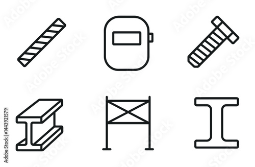Construction and industry icon set – outline style engineering, machinery, and building symbols for infrastructure projects: barrier, welding mask, bolt, beam, scaffold, i-beam.