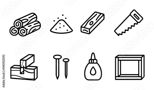 Carpentry tools outline icon set – linear style woodworking, diy, and construction icons for craft projects: logs, sawdust, plank, saw, joint, nails, glue, frame.