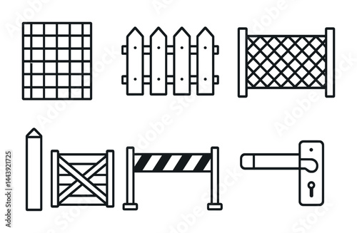 Fence and barrier line icons set – outline style security and protection symbols for construction: chain-link, picket fence, gate, barrier, door handle, posts, security.