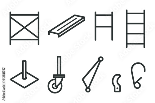 Construction equipment outline icon set – linear style tools for building and architecture: scaffolding, plank, ladder, base plate, caster, hook, lifting eye, pulley
