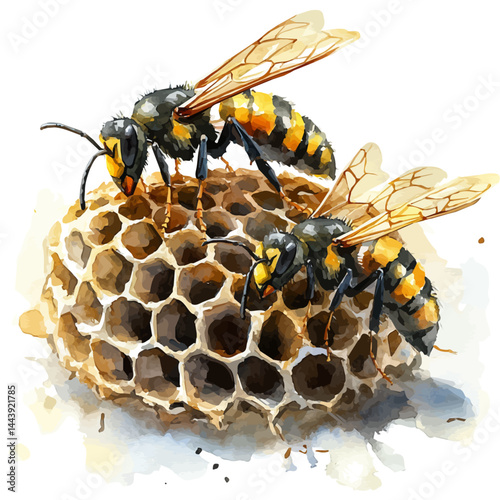 watercolor of Hornet Nest With Hornets Flying Around, vector, isolated on a white background.