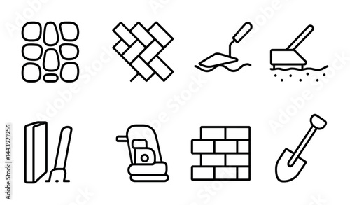 Construction tools and materials icons set – outline style building, renovation, and diy symbols: bricks, trowel, shovel, paintbrush, paving, wall, tamper.