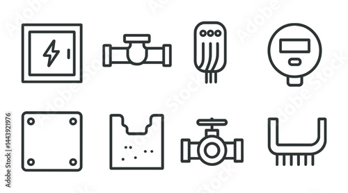Industrial equipment line icons set – outline style machinery, engineering, and tools symbols for design: control panel, pipeline, sensor, meter, valve, circuit, gauge.