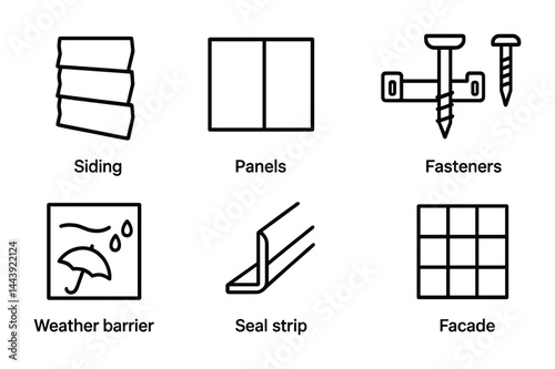 Home renovation line icons set – outline style for diy projects, construction, and remodeling: siding, panels, fasteners, weather barrier, seal strip, facade
