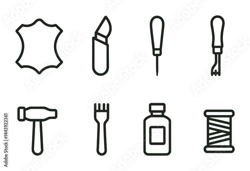 Leathercraft icons collection - linear style handcrafting, tools, and diy symbols for artisans: leather, awl, cutter, hammer, thread, stitching, glue, punch