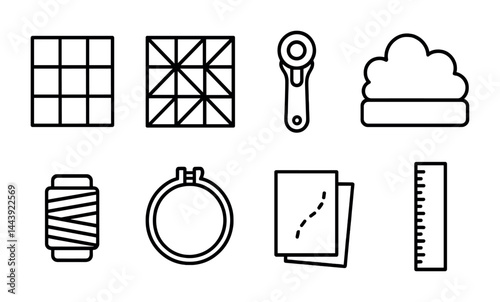 Quilting and sewing icons – outline style for crafting projects: grid, triangle pattern, rotary cutter, cloud, yarn spool, embroidery hoop, fabric piece, ruler.