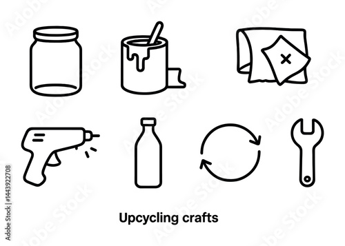 Upcycling crafts icon set – outline style diy, repurposing, and sustainable living symbols: jar, paint can, rag, glue gun, bottle, recycle, wrench.