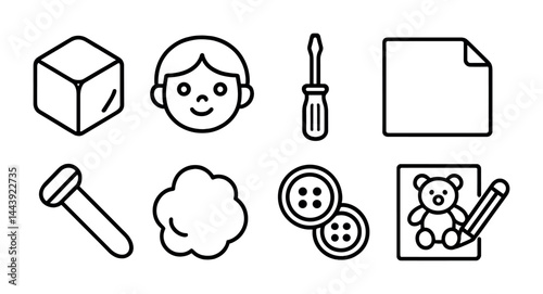 Diy crafts linear icons set – outline style for handicraft, art projects, and hobbies: cube, face, screwdriver, paper, nail, cloud, buttons, teddy bear.