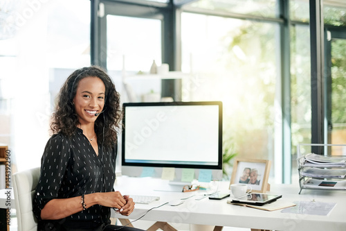 Customer service, portrait and happy woman with mockup, computer screen or contact support. CRM, telemarketing and agent with smile, confidence or sales in call center agency for space of monitor