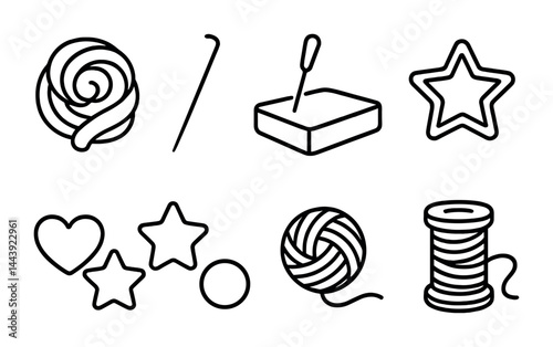 Crafts and hobbies outline icon set – linear style diy, knitting, and needlework symbols: yarn ball, crochet hook, needle felting, star shape, heart shape, spool.