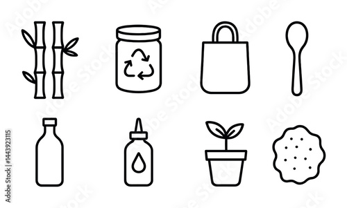 Sustainable lifestyle icons set – outline style ecology, green living, and environmental symbols: bamboo, recycle jar, tote bag, spoon, bottle, plant, seedling