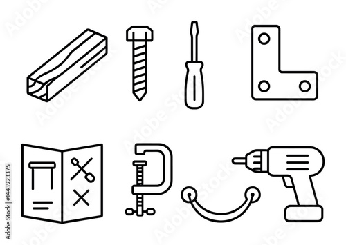 Home improvement and diy icon set – outline style construction, tools, and hardware symbols for project planning: wood plank, screw, screwdriver, bracket, manual, clamp, drill.