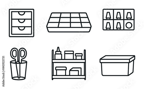 Home office organization icons set – linear style symbols for efficient desk, storage, and stationery management: drawer, tray, organizer, scissors, shelf, box