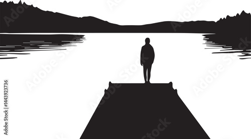 Silhouette Person Standing on Dock Overlooking Lake Nature Vector Icon Set