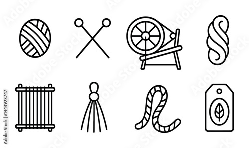 Crafting essentials outline icon set – linear style knitting, crochet, and weaving symbols for creative projects: yarn ball, knitting needles, spinning wheel, crochet hook, loom, stitch marker.