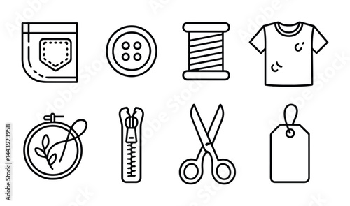 Fashion design outline icons set – linear style sewing, tailoring, and garment symbols for creative projects: pocket, button, thread, shirt, embroidery, zipper, scissors, tag.