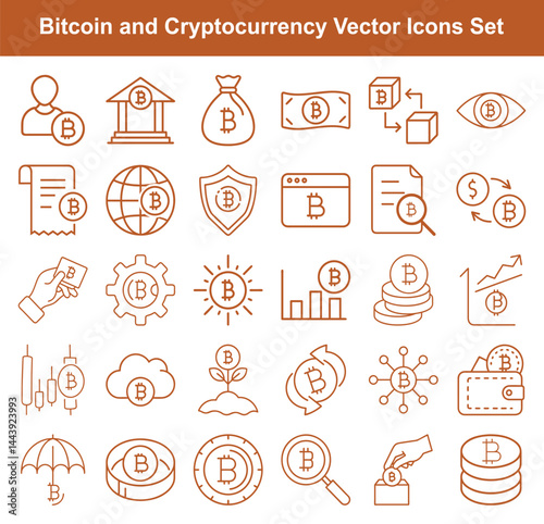 Various bitcoin themed line icons demonstrate different aspects of cryptocurrency with transparent backgrounds