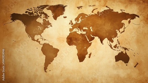 World Map on Aged Paper: A vintage world map rendered on textured, antique paper. It evokes a sense of history, exploration, and the passage of time. 