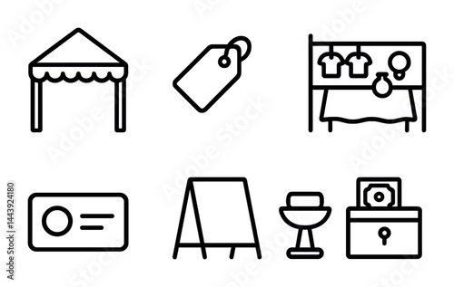 Market and retail icons set – outline style shopping, commerce, and trading symbols for retail design: tent, price tag, vendor stall, business card, chalkboard, display case